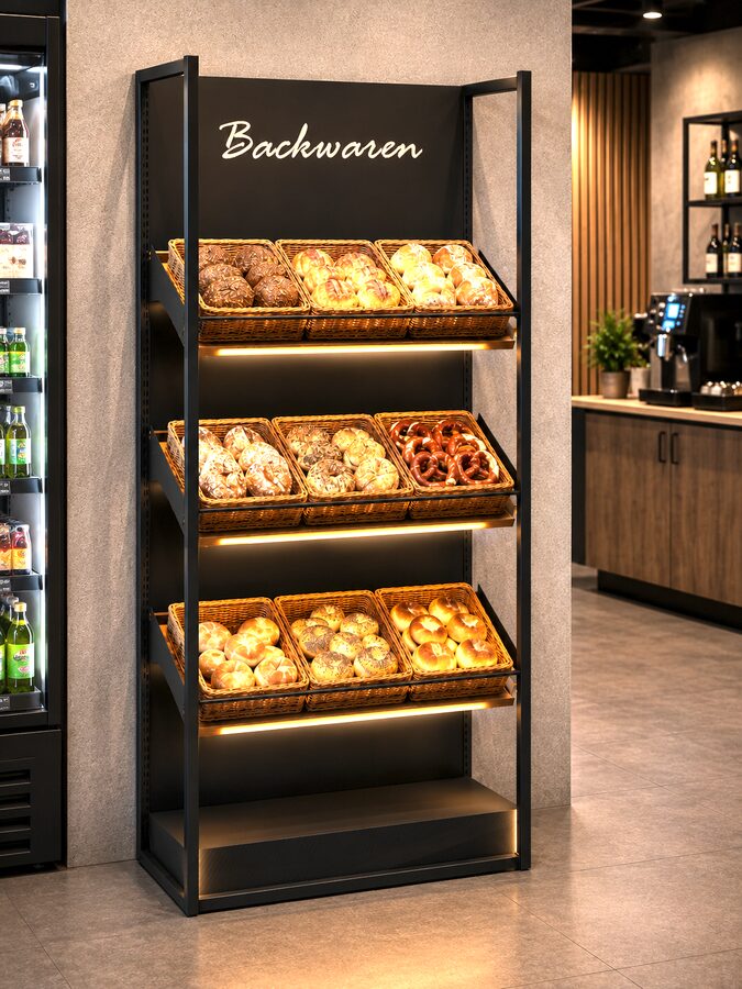 Backwaren-Regal im Markt, beleuchtete Schrägböden mit Körben voll Brot, Brötchen und Brezeln