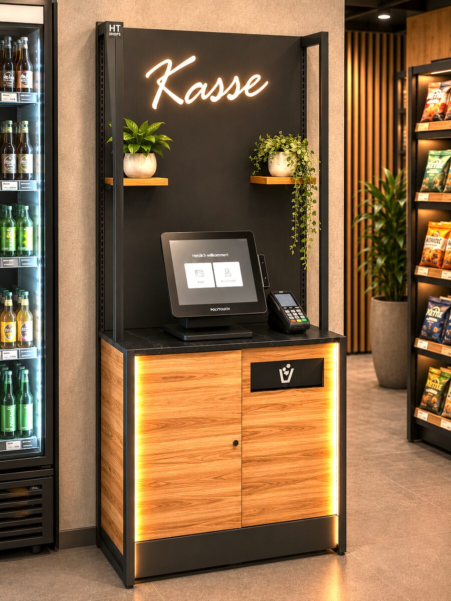 Kassen-Modul im Markt — beleuchteter Checkout-Bereich mit SB-Kassenterminal, Kartenzahlung und Kasse-Leuchtschrift