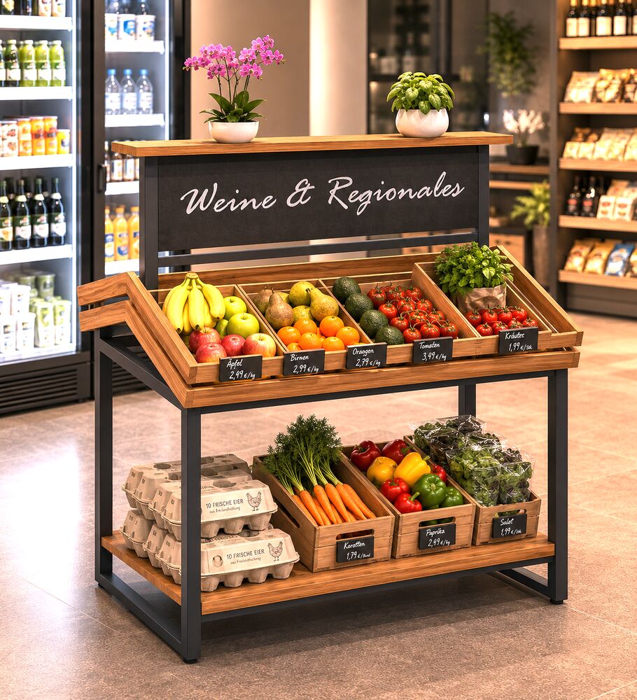 Präsentationstisch HT.head im Markt, bestückt mit Obst, Gemüse, Eiern und regionalen Produkten